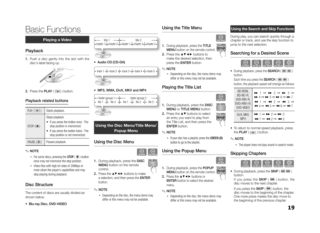 Samsung BD-ES5000/EN, BD-ES5000/XN, BD-ES5000/XE manual Basic Functions 