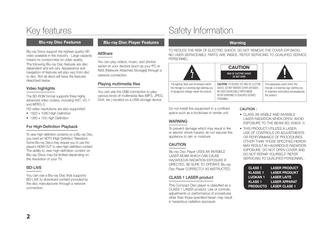 Samsung BD-ES5000/XE, BD-ES5000/XN, BD-ES5000/EN manual Key features, Safety Information, Blu-ray Disc Features, Bd-Live 