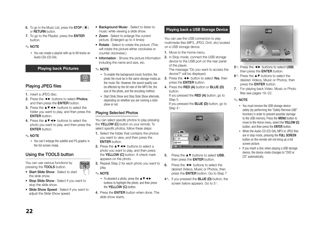 Samsung BD-ES5000/EN manual Playing Jpeg files, Using the Tools button, Playing back Pictures, Playing Selected Photos 