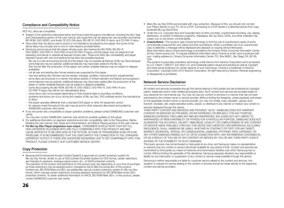 Samsung BD-ES5000/XE, BD-ES5000/XN manual Compliance and Compatibility Notice, Copy Protection, Network Service Disclaimer 