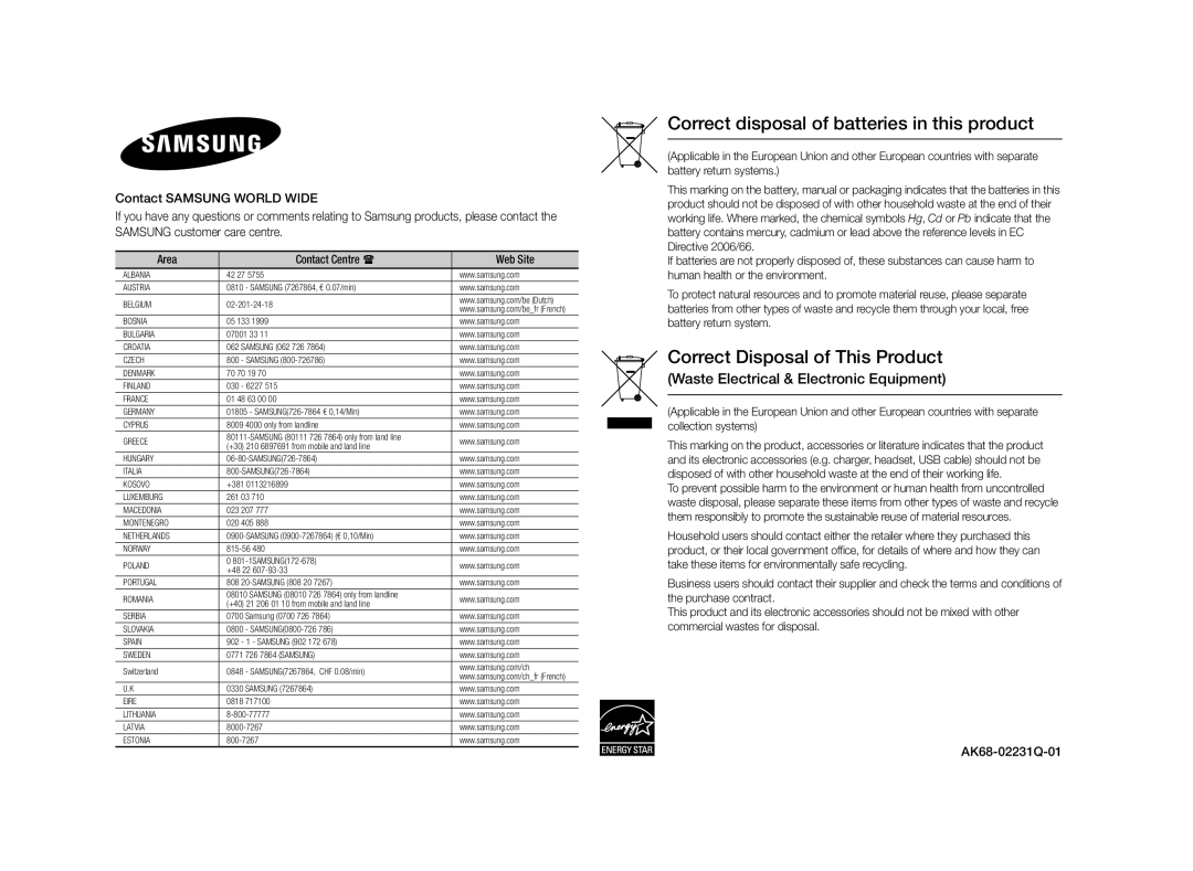 Samsung BD-ES5000/EN, BD-ES5000/XN, BD-ES5000/XE manual Waste Electrical & Electronic Equipment 