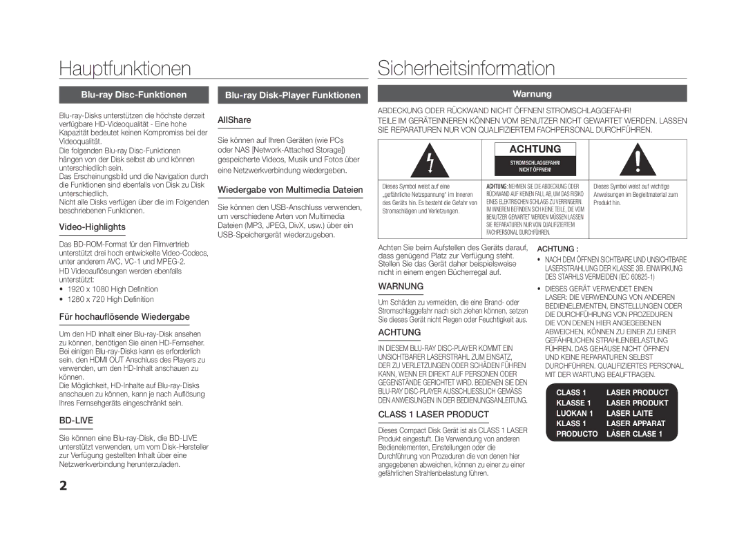 Samsung BD-ES5000/XN, BD-ES5000/EN, BD-ES5000/XE Hauptfunktionen, Sicherheitsinformation, Blu-ray Disc-Funktionen, Warnung 