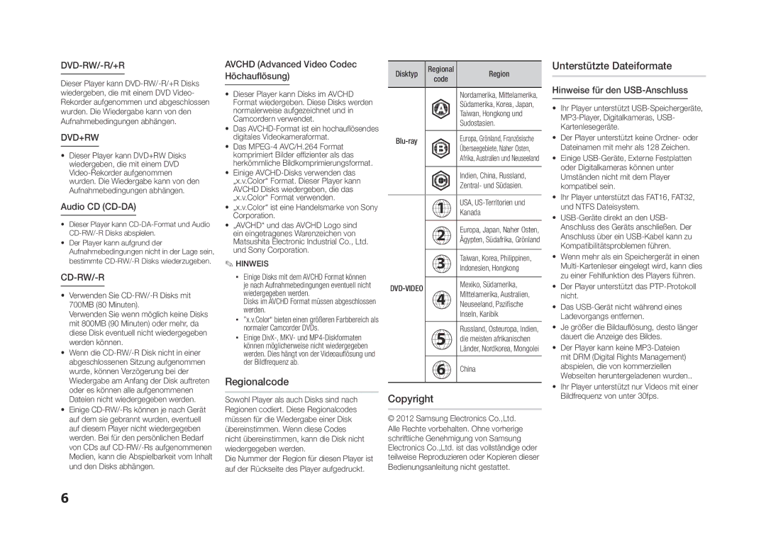 Samsung BD-ES5000/EN manual Regionalcode, Copyright Unterstützte Dateiformate, Avchd Advanced Video Codec Höchauflösung 