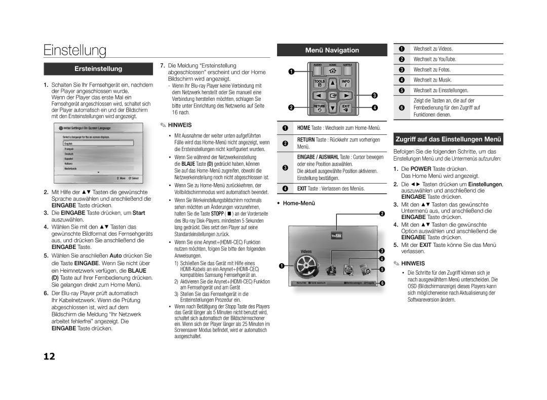 Samsung BD-ES5000/EN, BD-ES5000/XN Menü Navigation, Ersteinstellung, Zugriff auf das Einstellungen Menü, Home-Menü 