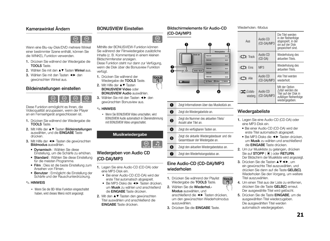 Samsung BD-ES5000/EN manual Kamerawinkel Ändern, Bildeinstellungen einstellen, Bonusview Einstellen, Wiedergabeliste 