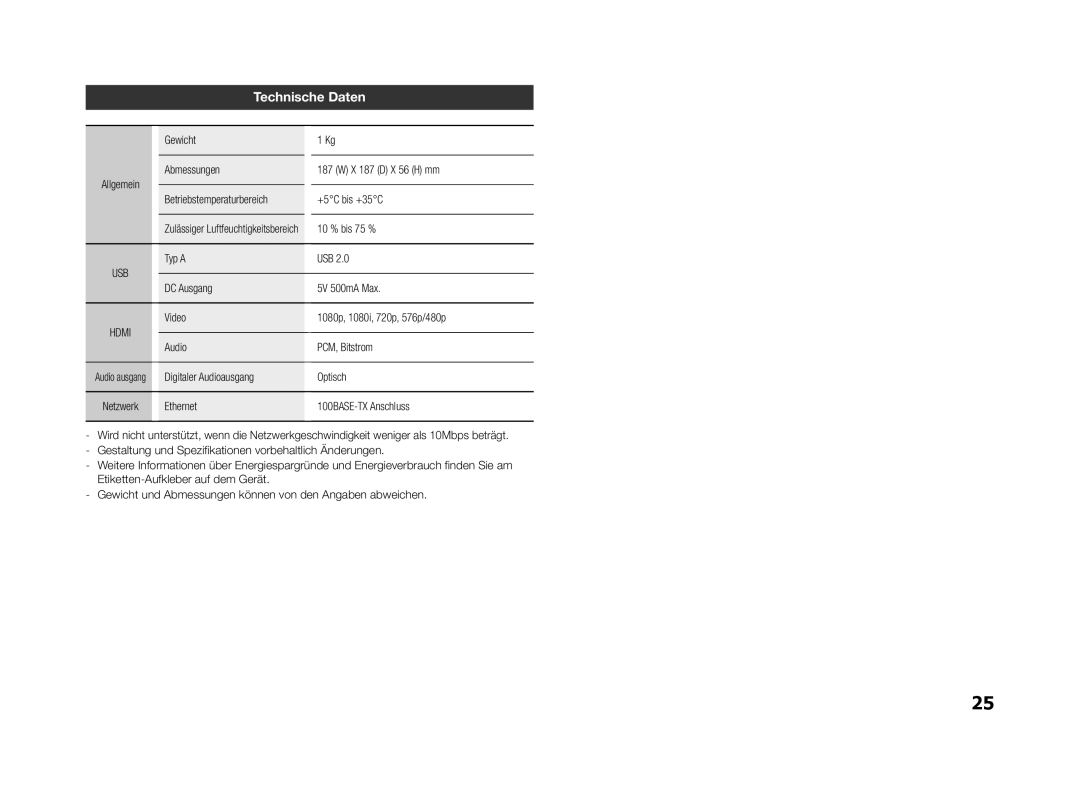 Samsung BD-ES5000/XE, BD-ES5000/XN, BD-ES5000/EN manual Technische Daten 