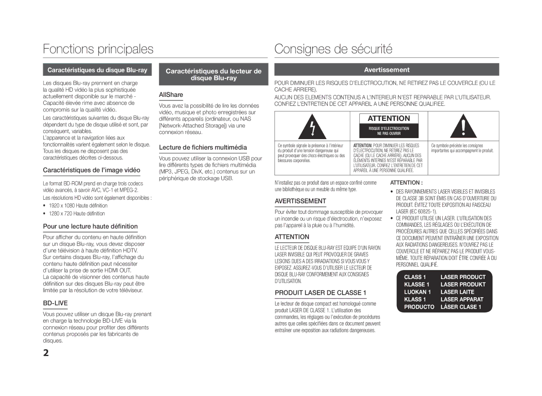 Samsung BD-ES5000/EN, BD-ES5000/XN Caractéristiques du lecteur de Disque Blu-ray, Avertissement, Produit Laser DE Classe 