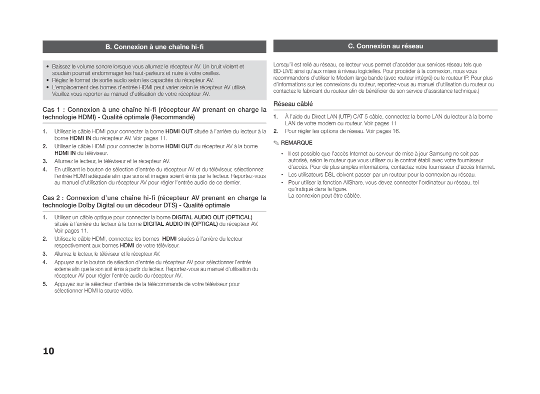 Samsung BD-ES5000/XN, BD-ES5000/EN, BD-ES5000/XE manual Connexion à une chaîne hi-fi, Réseau câblé, Connexion au réseau 