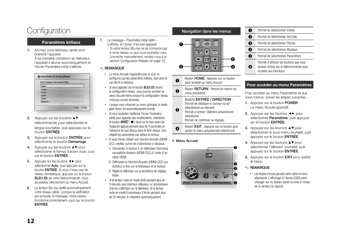 Samsung BD-ES5000/XE, BD-ES5000/XN Paramètres initiaux, Pour accéder au menu Paramètres, Permet de sélectionner Photos 