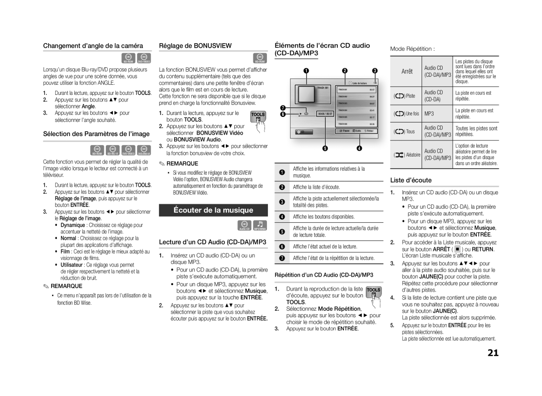 Samsung BD-ES5000/XE Changement d’angle de la caméra, Sélection des Paramètres de l’image, Réglage de Bonusview, Arrêt 