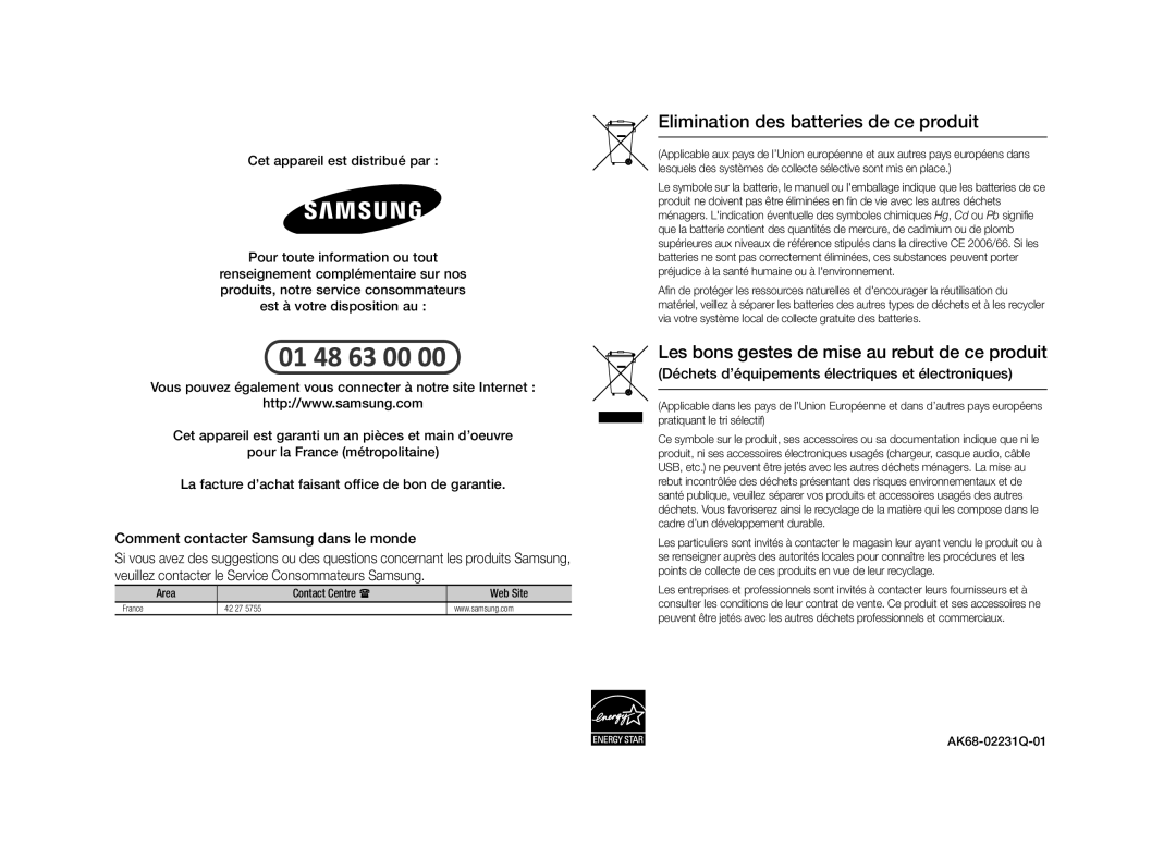 Samsung BD-ES5000/XN, BD-ES5000/EN, BD-ES5000/XE manual Comment contacter Samsung dans le monde, France 