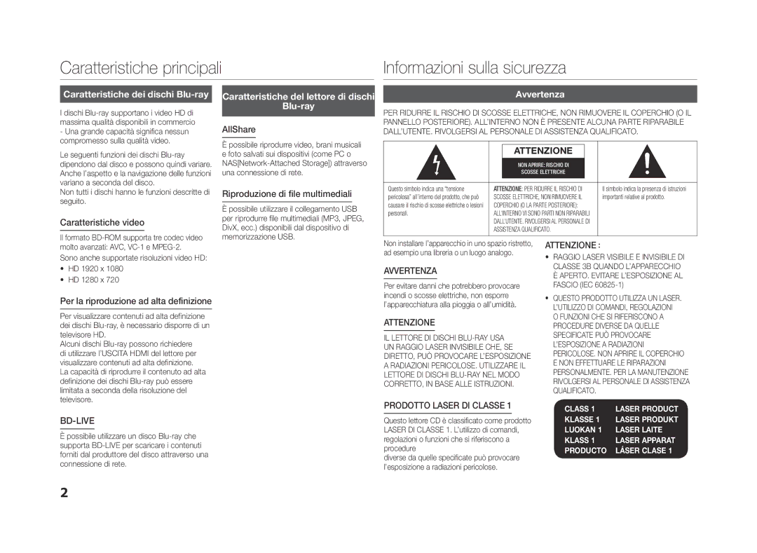 Samsung BD-ES5000/XE, BD-ES5000/XN, BD-ES5000/EN manual Caratteristiche dei dischi Blu-ray, Avvertenza 