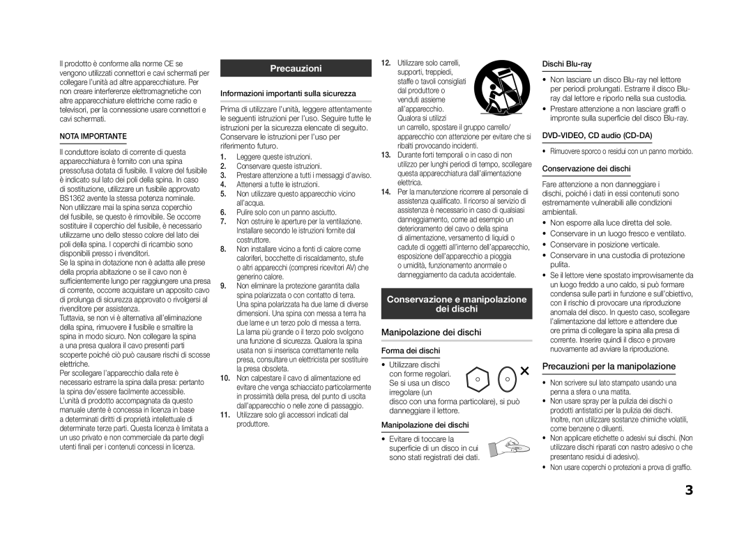 Samsung BD-ES5000/XN Precauzioni, Conservazione e manipolazione Dei dischi, Manipolazione dei dischi, Nota Importante 