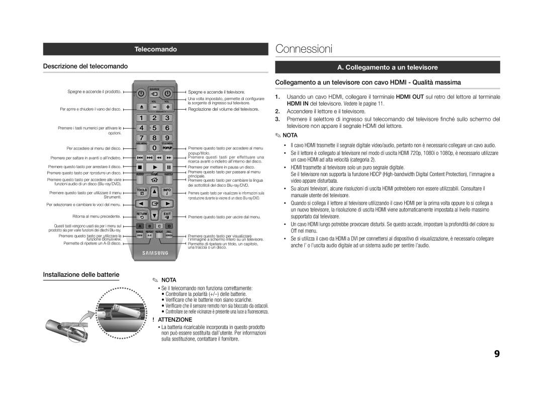 Samsung BD-ES5000/XN Telecomando, Descrizione del telecomando, Collegamento a un televisore, Installazione delle batterie 