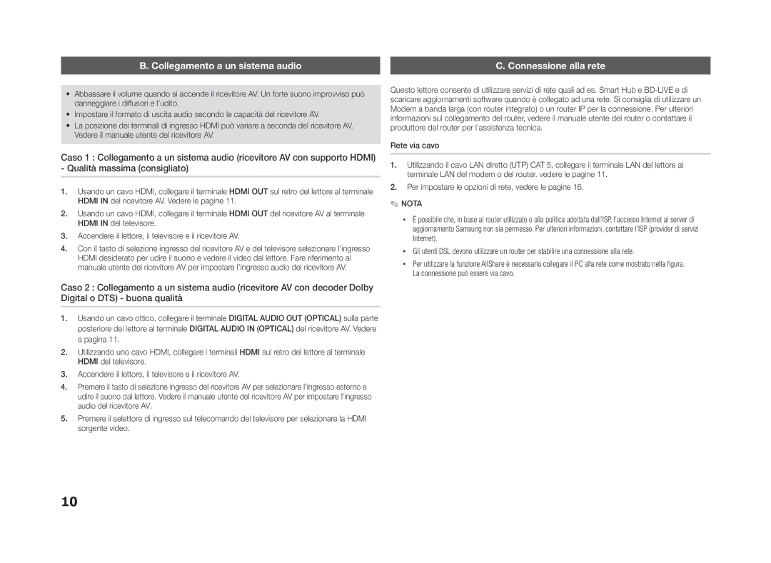 Samsung BD-ES5000/EN, BD-ES5000/XN, BD-ES5000/XE manual Collegamento a un sistema audio, Connessione alla rete 