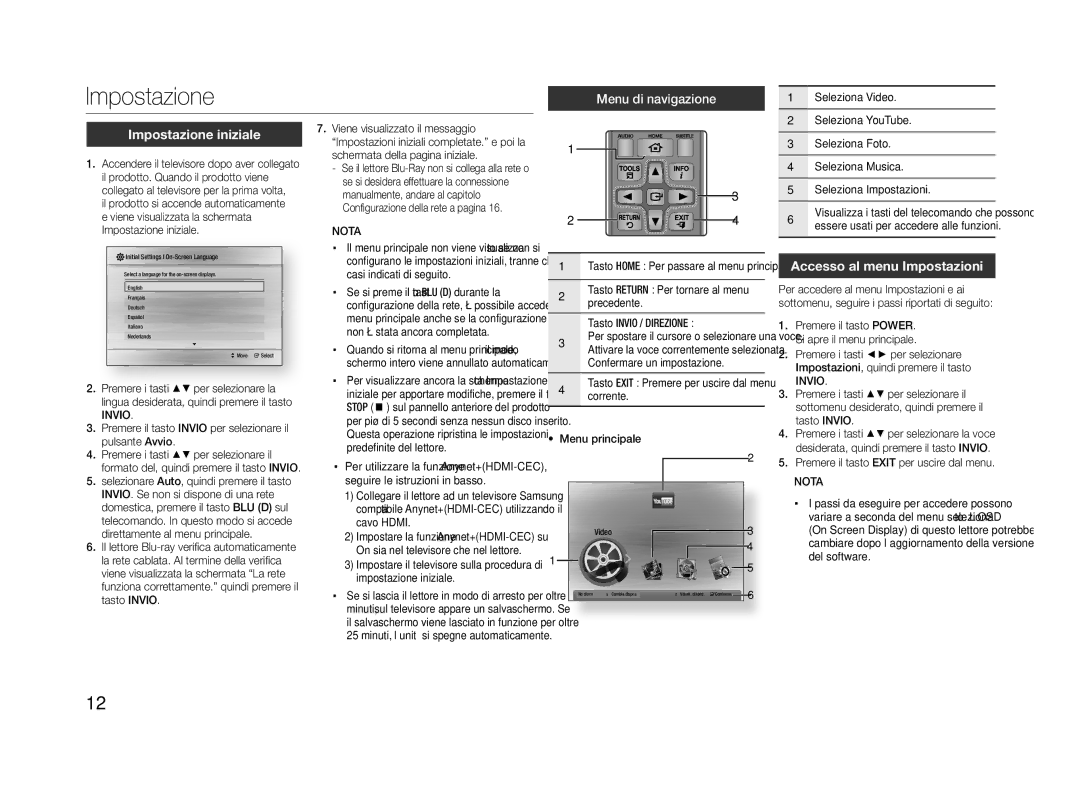 Samsung BD-ES5000/XN, BD-ES5000/EN, BD-ES5000/XE manual Impostazione iniziale, Accesso al menu Impostazioni 