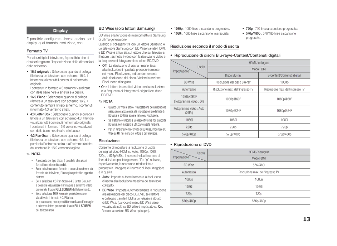 Samsung BD-ES5000/EN, BD-ES5000/XN, BD-ES5000/XE Formato TV, BD Wise solo lettori Samsung, Risoluzione, Riproduzione di DVD 