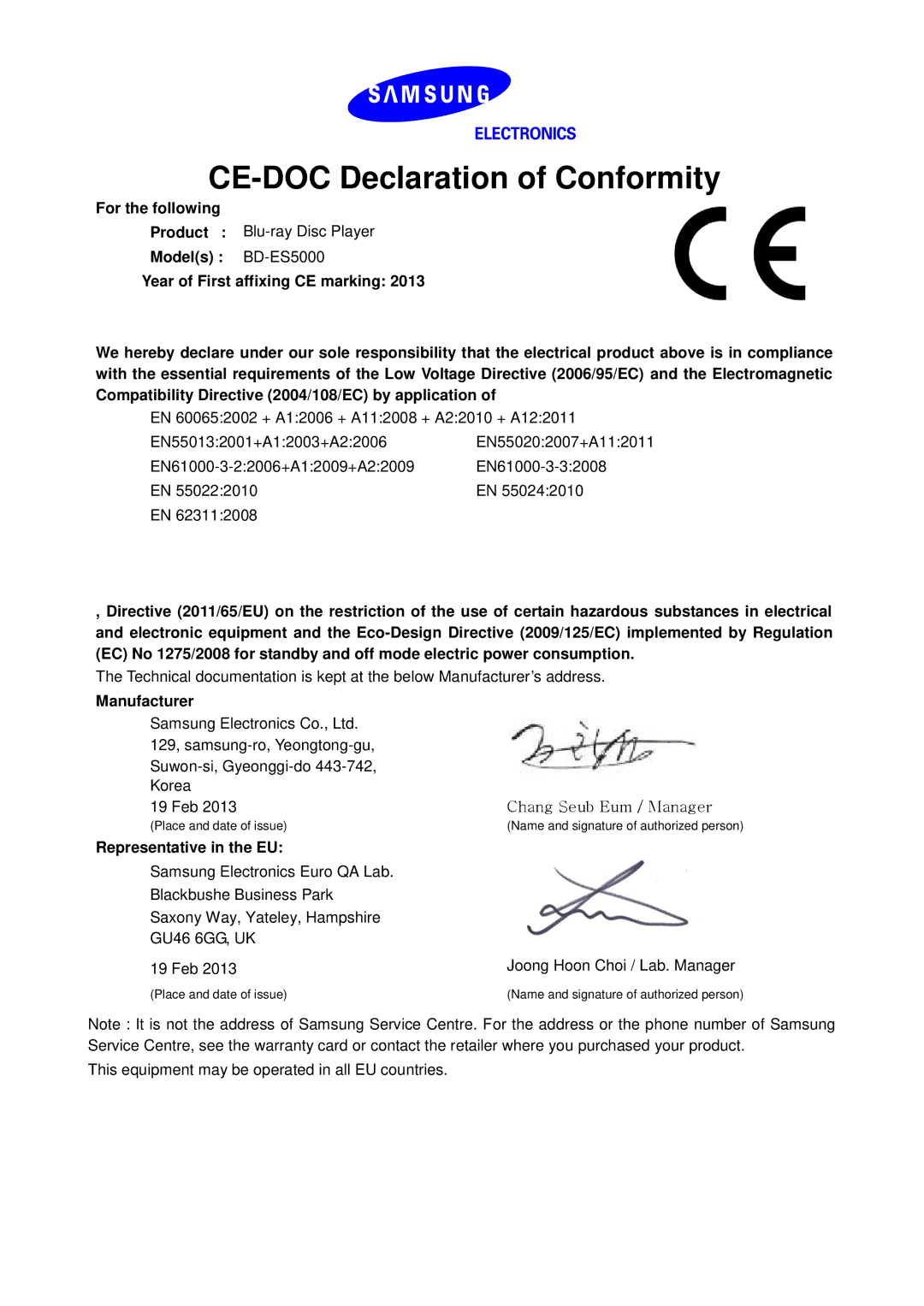 Samsung BD-ES5000/EN manual CE-DOC Declaration of Conformity, For the following, Manufacturer, Representative in the EU 