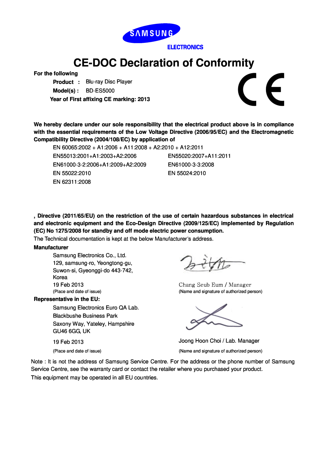 Samsung BD-ES5000/EN, BD-ES5000/XN, BD-ES5000/ZF, BD-ES5000/XU, BD-ES5000/XE manual CE-DOC Declaration of Conformity 