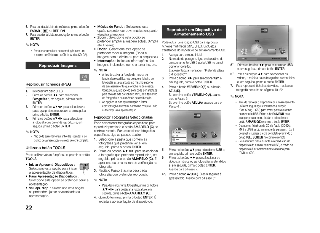 Samsung BD-ES5000/ZF manual Reproduzir Imagens, Reproduzir um Dispositivo de Armazenamento USB, Reproduzir ficheiros Jpeg 