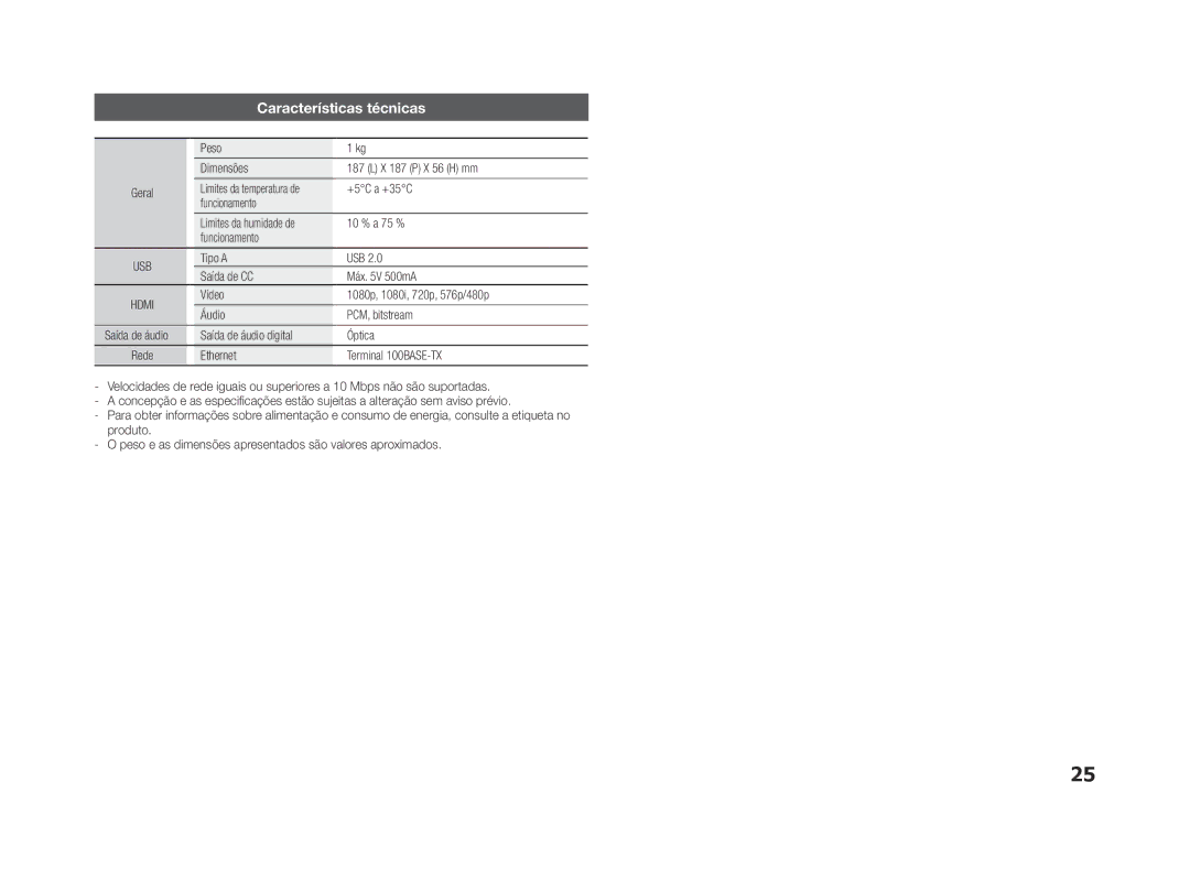 Samsung BD-ES5000/XU, BD-ES5000/ZF manual Características técnicas, Peso Dimensões X 187 P X 56 H mm Geral, +5C a +35C 