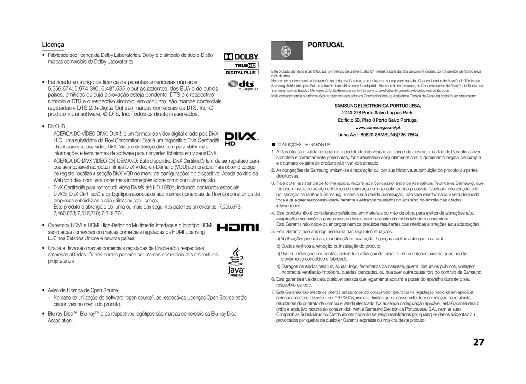 Samsung BD-ES5000/XU, BD-ES5000/ZF manual Portugal, Licença 