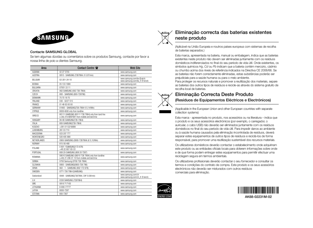 Samsung BD-ES5000/ZF Eliminação correcta das baterias existentes neste produto, Comerciais para eliminação AK68-02231M-02 