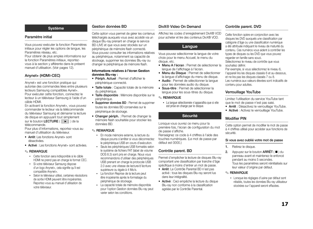 Samsung BD-ES5000/XU, BD-ES5000/ZF manual Langue, Système, Sécurité 