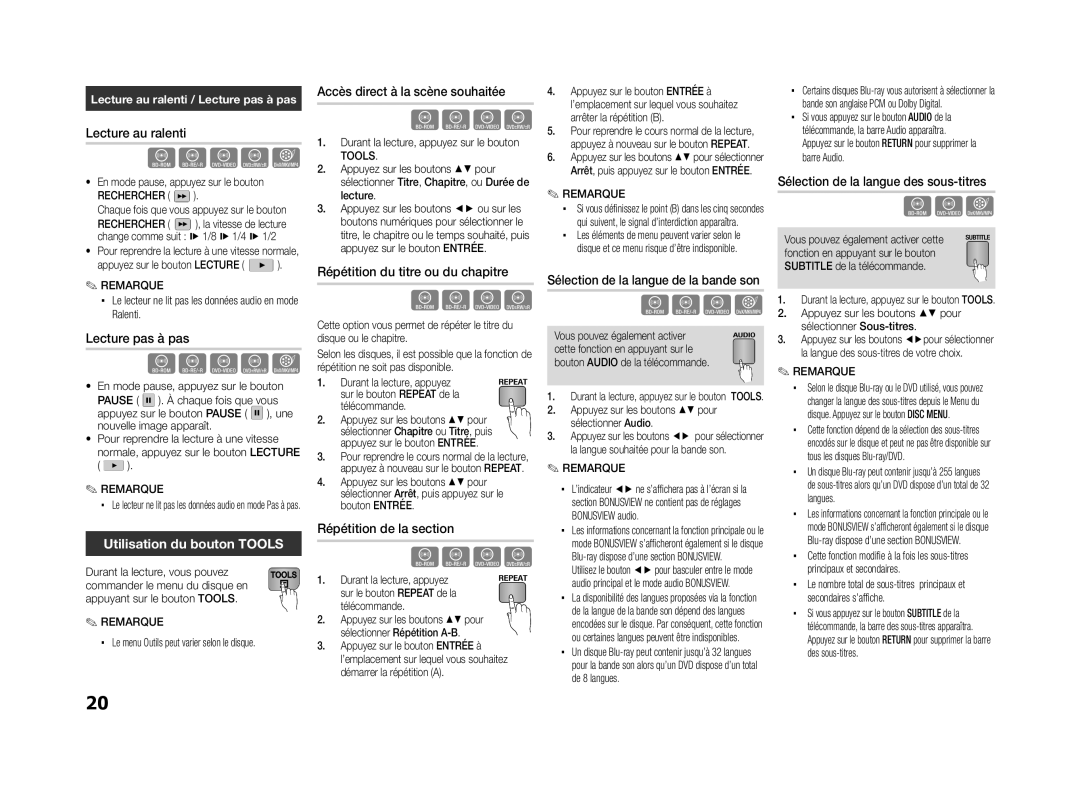 Samsung BD-ES5000/ZF, BD-ES5000/XU manual Utilisation du bouton Tools 