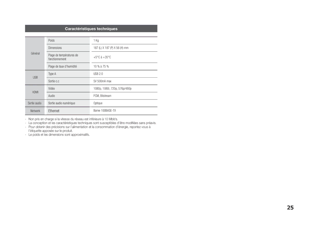 Samsung BD-ES5000/XU Caractéristiques techniques, Ethernet, Poids, Type a USB Sortie c.c 5V 500mA max, Borne 100BASE-TX 