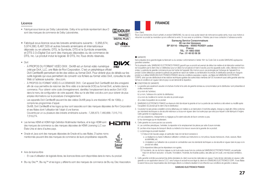 Samsung BD-ES5000/XU, BD-ES5000/ZF manual Licence, DivX, Avis de licence libre, Cher Client 