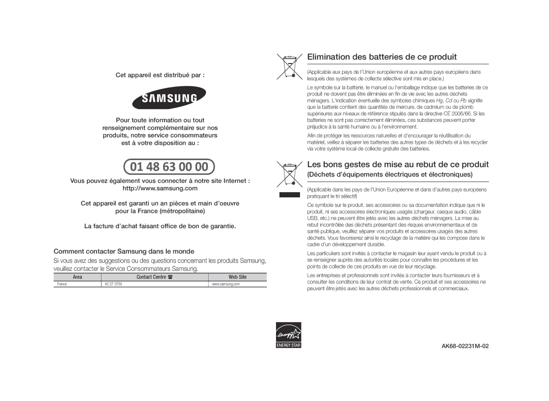 Samsung BD-ES5000/ZF, BD-ES5000/XU manual Comment contacter Samsung dans le monde, AK68-02231M-02, France 