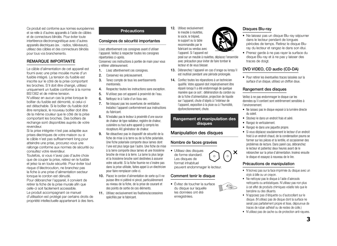 Samsung BD-ES5000/XU, BD-ES5000/ZF manual Précautions, Rangement et manipulation des Disques 