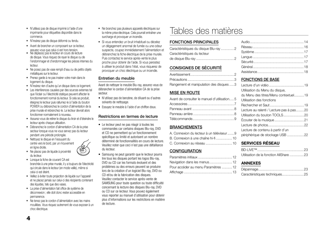 Samsung BD-ES5000/ZF Entretien du meuble, Restrictions en termes de lecture, Fonctions principales, Consignes de sécurité 