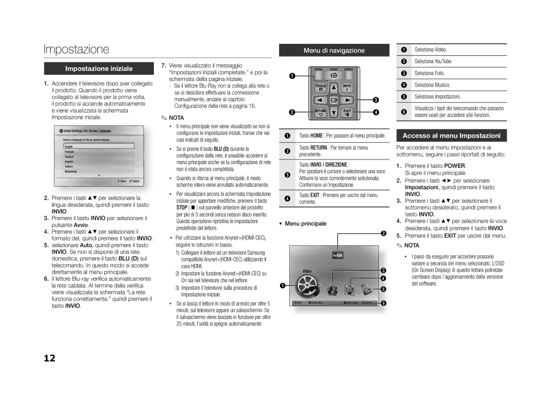 Samsung BD-ES5000/ZF, BD-ES5000/XU manual Impostazione iniziale, Accesso al menu Impostazioni 