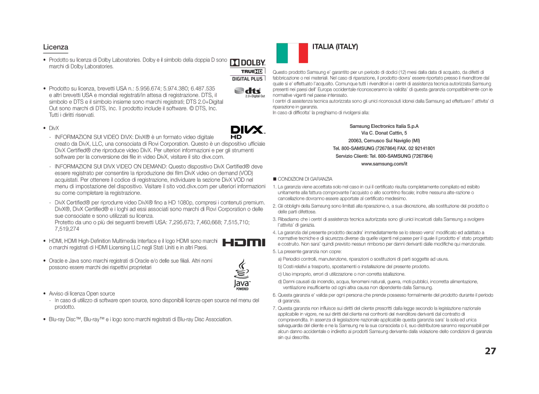 Samsung BD-ES5000/XU, BD-ES5000/ZF manual Italia Italy 