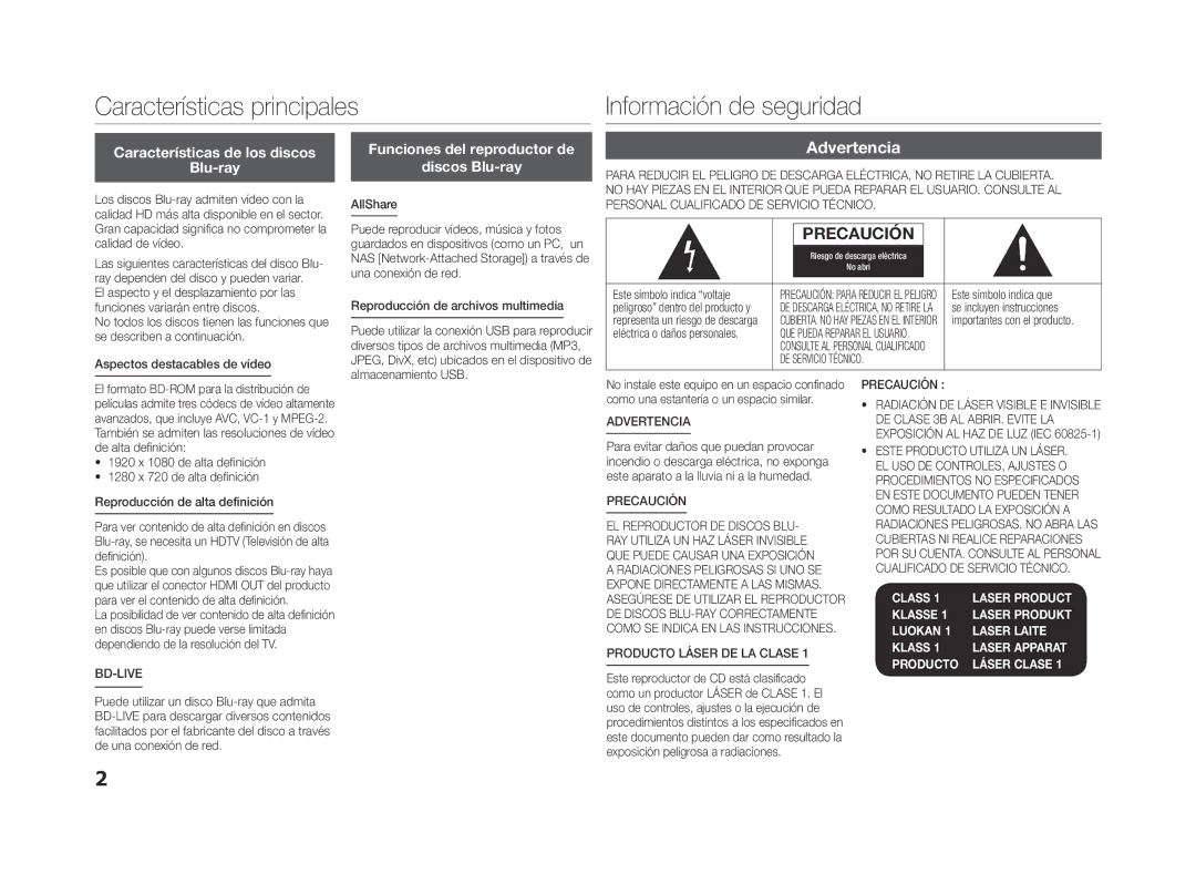 Samsung BD-ES5000/ZF, BD-ES5000/XU manual Características principales Información de seguridad, Advertencia 