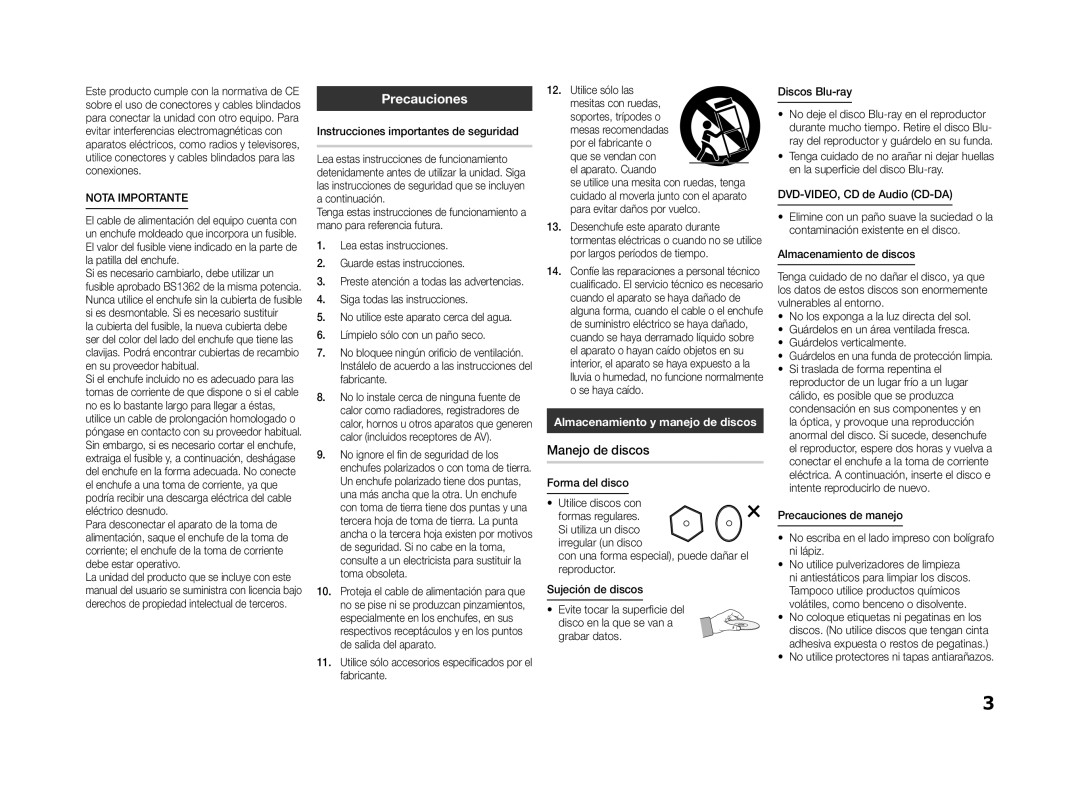 Samsung BD-ES5000/XU, BD-ES5000/ZF manual Precauciones, Manejo de discos 