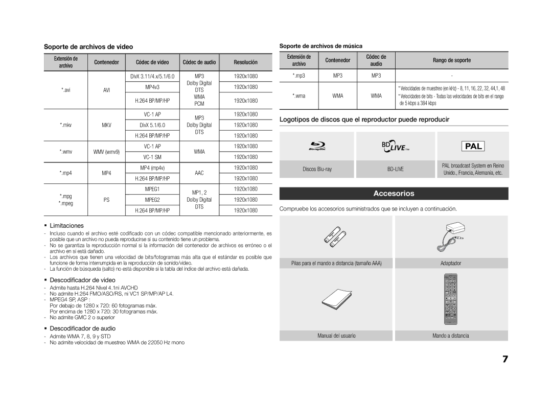 Samsung BD-ES5000/XU Accesorios, Logotipos de discos que el reproductor puede reproducir, Resolución, De 5 kbps a 384 kbps 