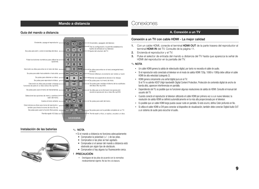 Samsung BD-ES5000/XU, BD-ES5000/ZF manual Conexiones, Mando a distancia, Conexión a un TV 