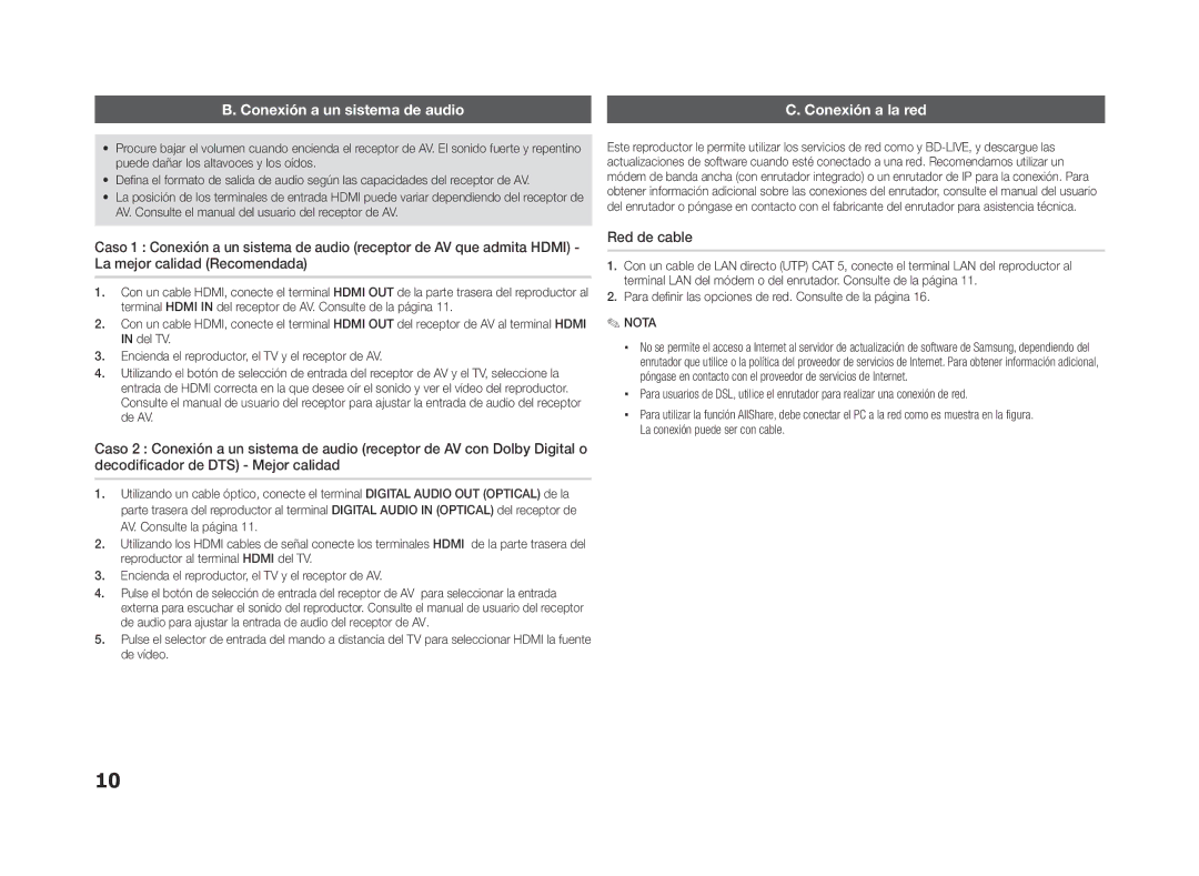 Samsung BD-ES5000/ZF, BD-ES5000/XU manual Conexión a un sistema de audio, Red de cable, Conexión a la red 