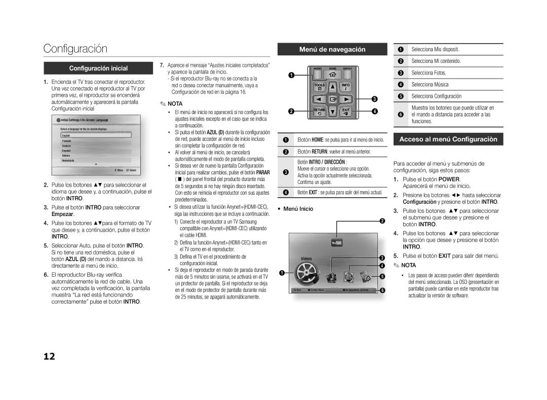 Samsung BD-ES5000/ZF, BD-ES5000/XU manual Menú de navegación, Configuración inicial, Acceso al menú Configuraciòn 