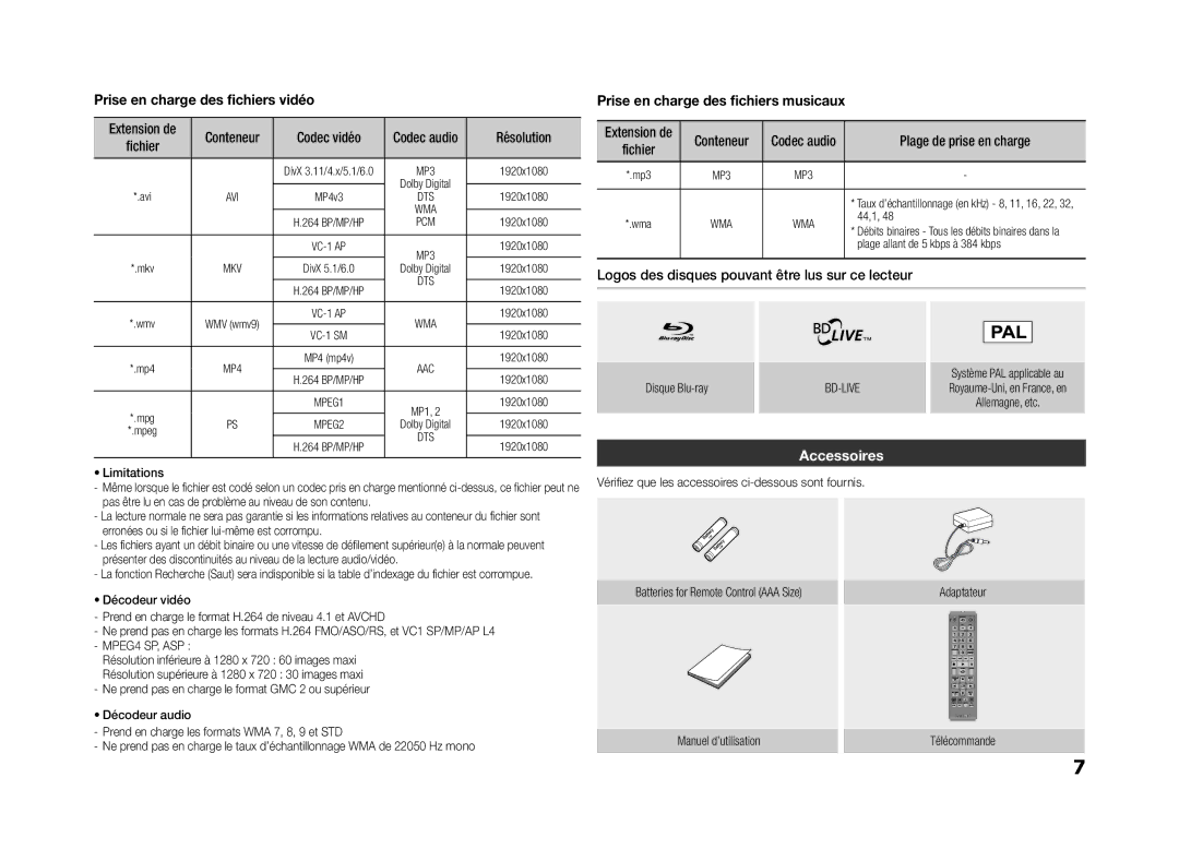 Samsung BD-ES5000/XU manual Plage de prise en charge, Logos des disques pouvant être lus sur ce lecteur, Accessoires 