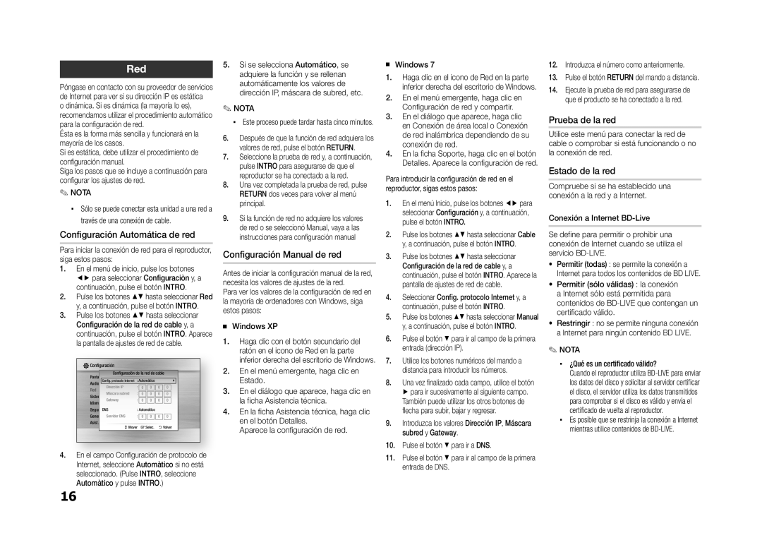 Samsung BD-ES5000/ZF Red, Configuración Automática de red, Configuración Manual de red, Prueba de la red, Estado de la red 