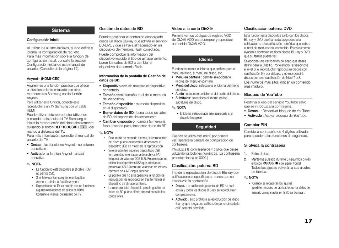 Samsung BD-ES5000/XU, BD-ES5000/ZF manual Sistema, Idioma, Seguridad 