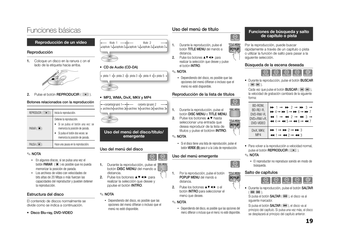 Samsung BD-ES5000/XU manual Funciones básicas, Funciones de búsqueda y salto Reproducción de un vídeo, De capítulo o pista 