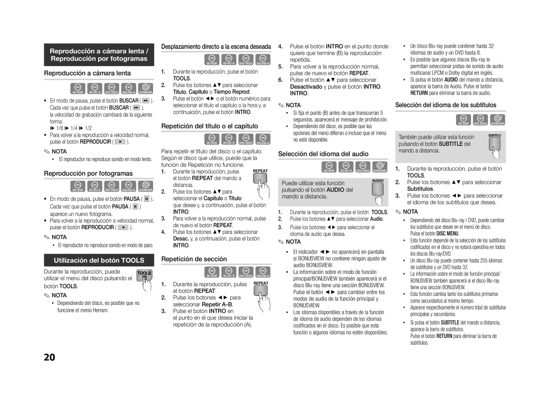 Samsung BD-ES5000/ZF, BD-ES5000/XU manual Utilización del botón Tools 