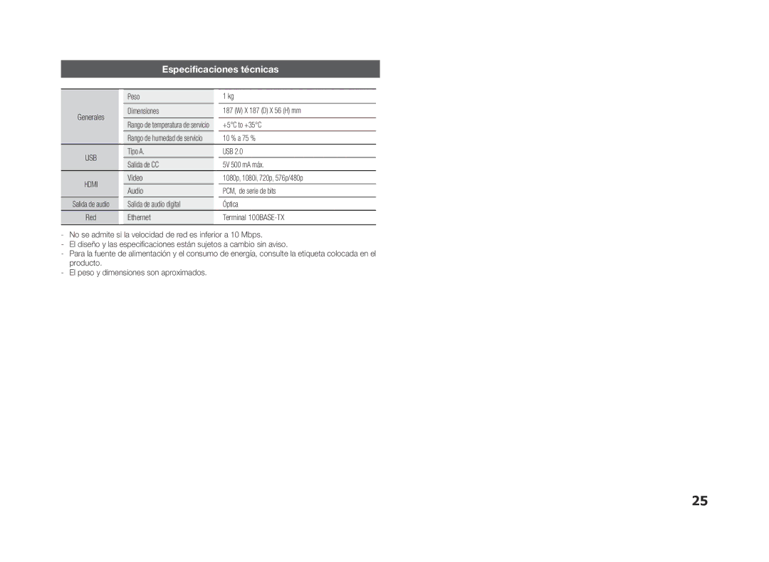 Samsung BD-ES5000/XU, BD-ES5000/ZF manual Especificaciones técnicas 