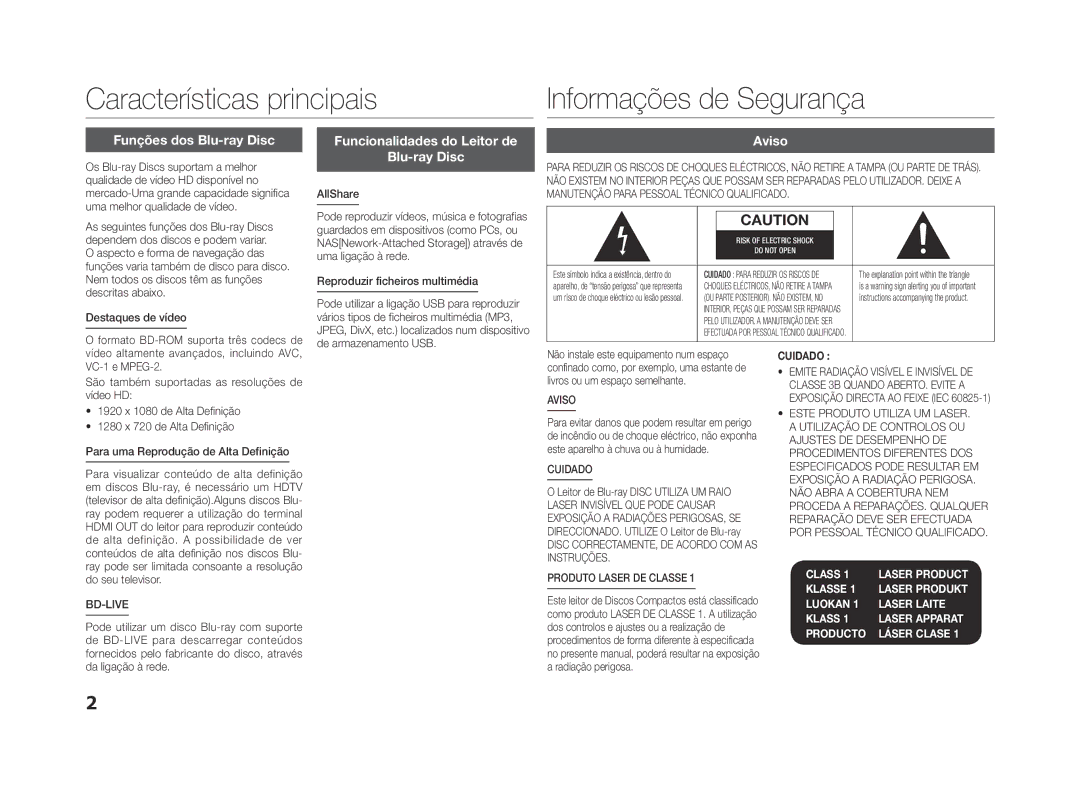 Samsung BD-ES5000/ZF, BD-ES5000/XU Funções dos Blu-ray Disc, Funcionalidades do Leitor de Blu-ray Disc, Aviso, Cuidado 