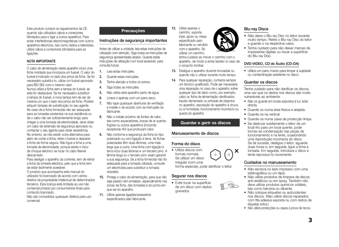 Samsung BD-ES5000/XU, BD-ES5000/ZF manual Precauções, Guardar e gerir os discos 